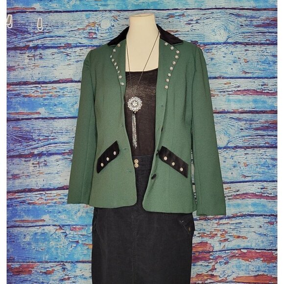 Vtg Beautiful Green Blazer With Detailed Buttons And Velour - Picture 4 of 11